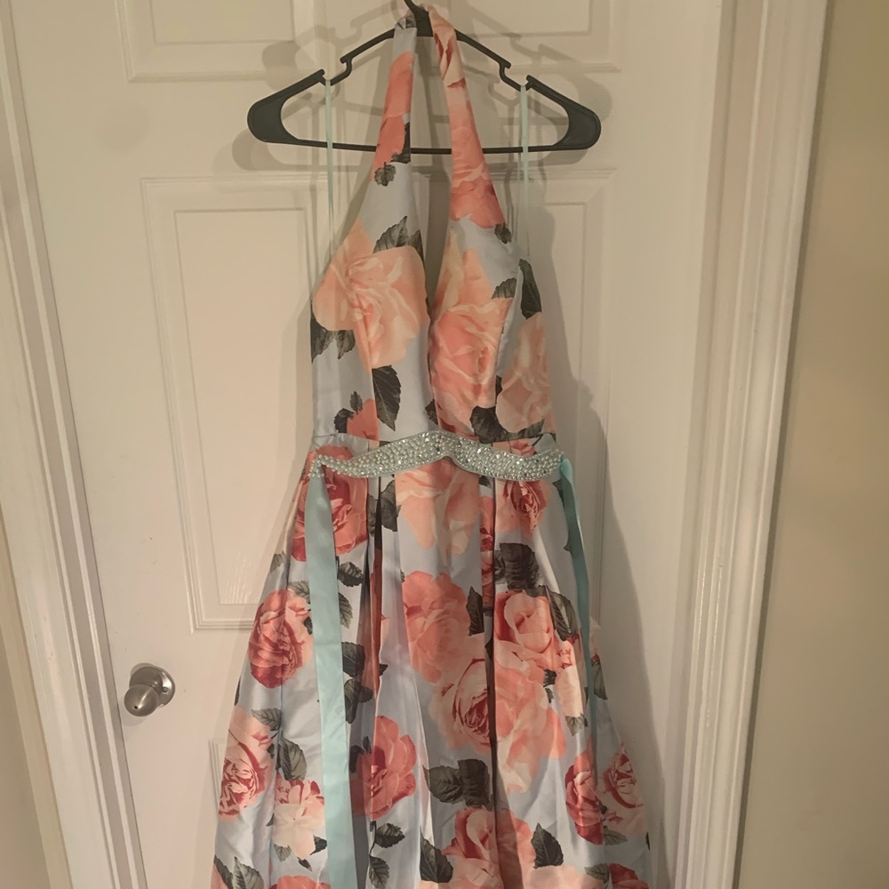 Floral halter top prom dress